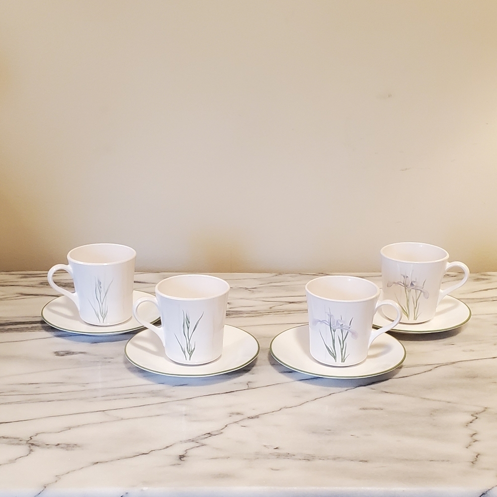 4 Shadow Iris Mugs with Saucers by Corning/Corelle